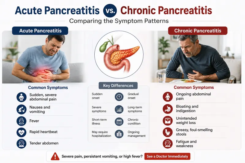 Pancreatitis Symptoms: Early Warning Signs, Causes & When to See a Doctor 10 Acute Pancreatitis vs. Chronic Pancreatitis 1